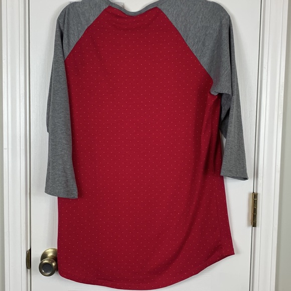 LulaRoe baseball style shirt red with orange dots, grey 3/4 sleeves size large. - Picture 7 of 7